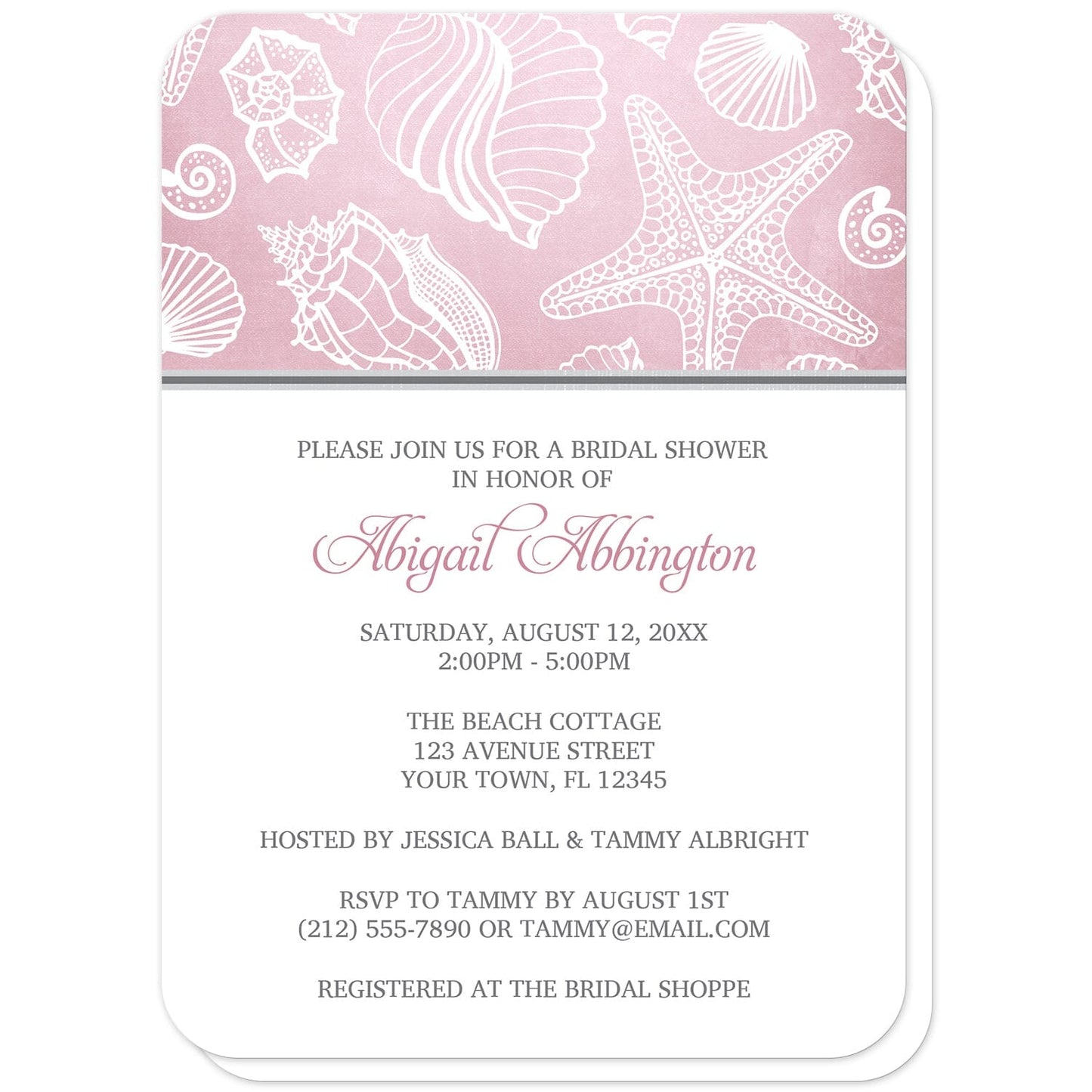 Pink Beach Seashell Pattern Bridal Shower Invitations (with rounded corners) at Artistically Invited. Pink beach seashell pattern bridal shower invitations with a white line seashell pattern over an organic-like beachy pink background. Your personalized bridal shower celebration details are custom printed in pink and gray on white below the pink seashell pattern.