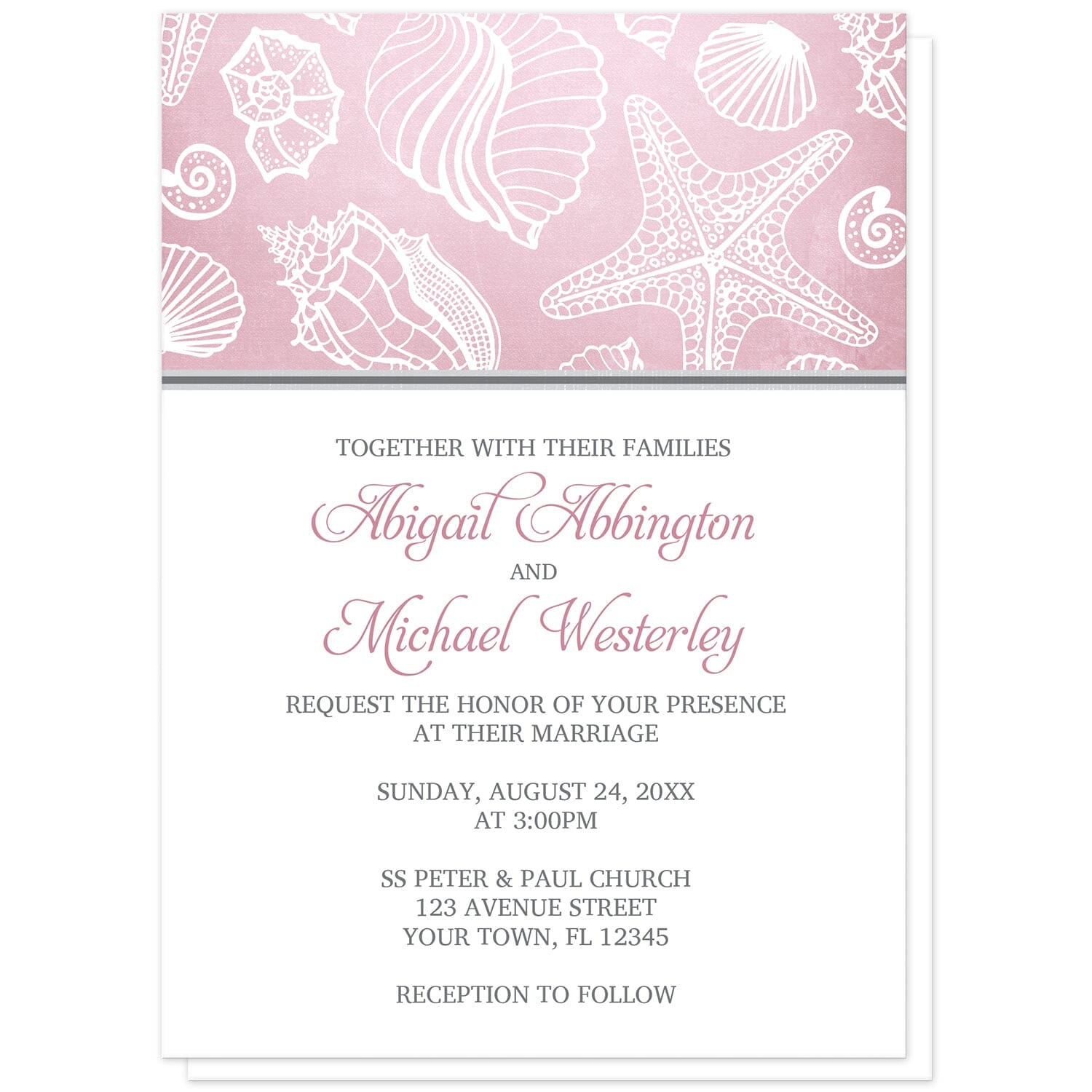 Pink Beach Seashell Pattern Wedding Invitations at Artistically Invited. Pink beach seashell pattern wedding invitations with a white line seashell pattern over an organic-like beachy pink background. Your personalized marriage celebration details are arranged in pink and gray on white below the pink seashell pattern.