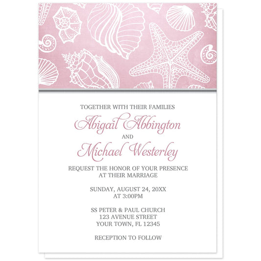 Pink Beach Seashell Pattern Wedding Invitations at Artistically Invited. Pink beach seashell pattern wedding invitations with a white line seashell pattern over an organic-like beachy pink background. Your personalized marriage celebration details are arranged in pink and gray on white below the pink seashell pattern.