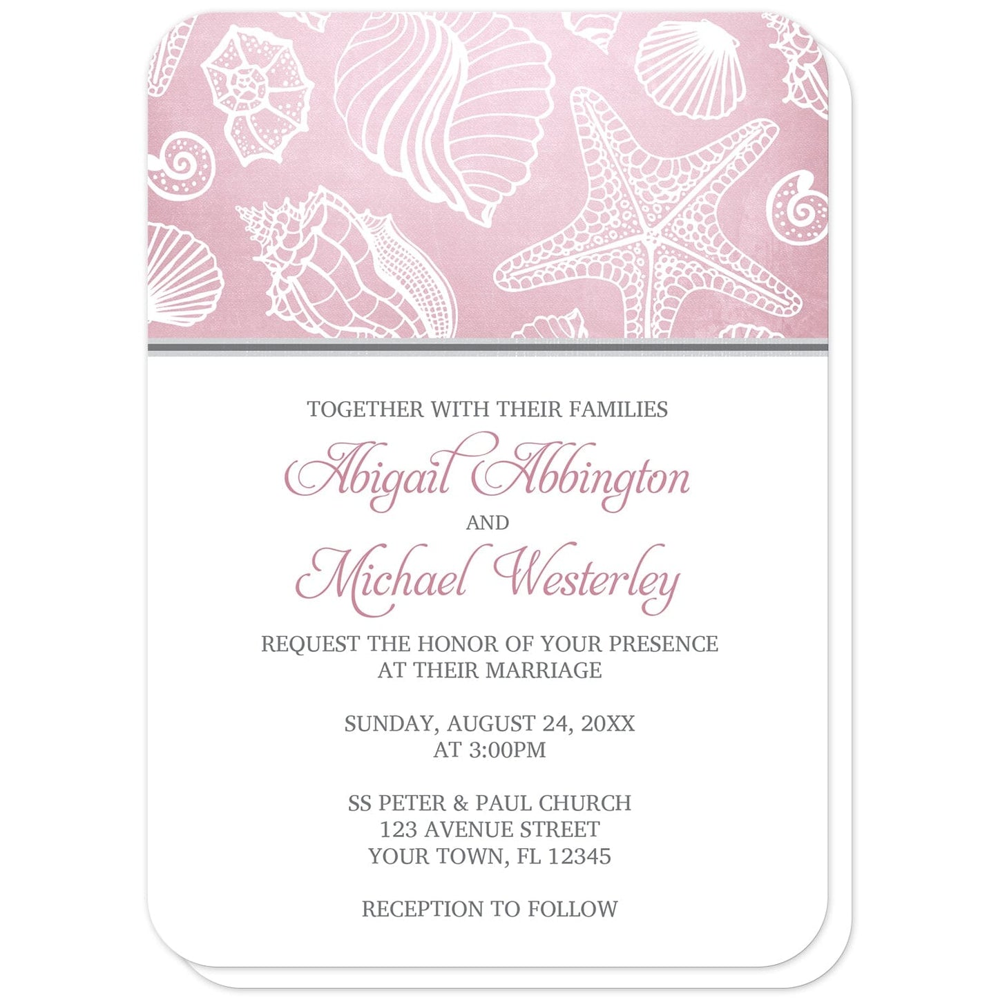 Pink Beach Seashell Pattern Wedding Invitations (with rounded corners) at Artistically Invited. Pink beach seashell pattern wedding invitations with a white line seashell pattern over an organic-like beachy pink background. Your personalized marriage celebration details are custom printed in pink and gray on white below the pink seashell pattern.