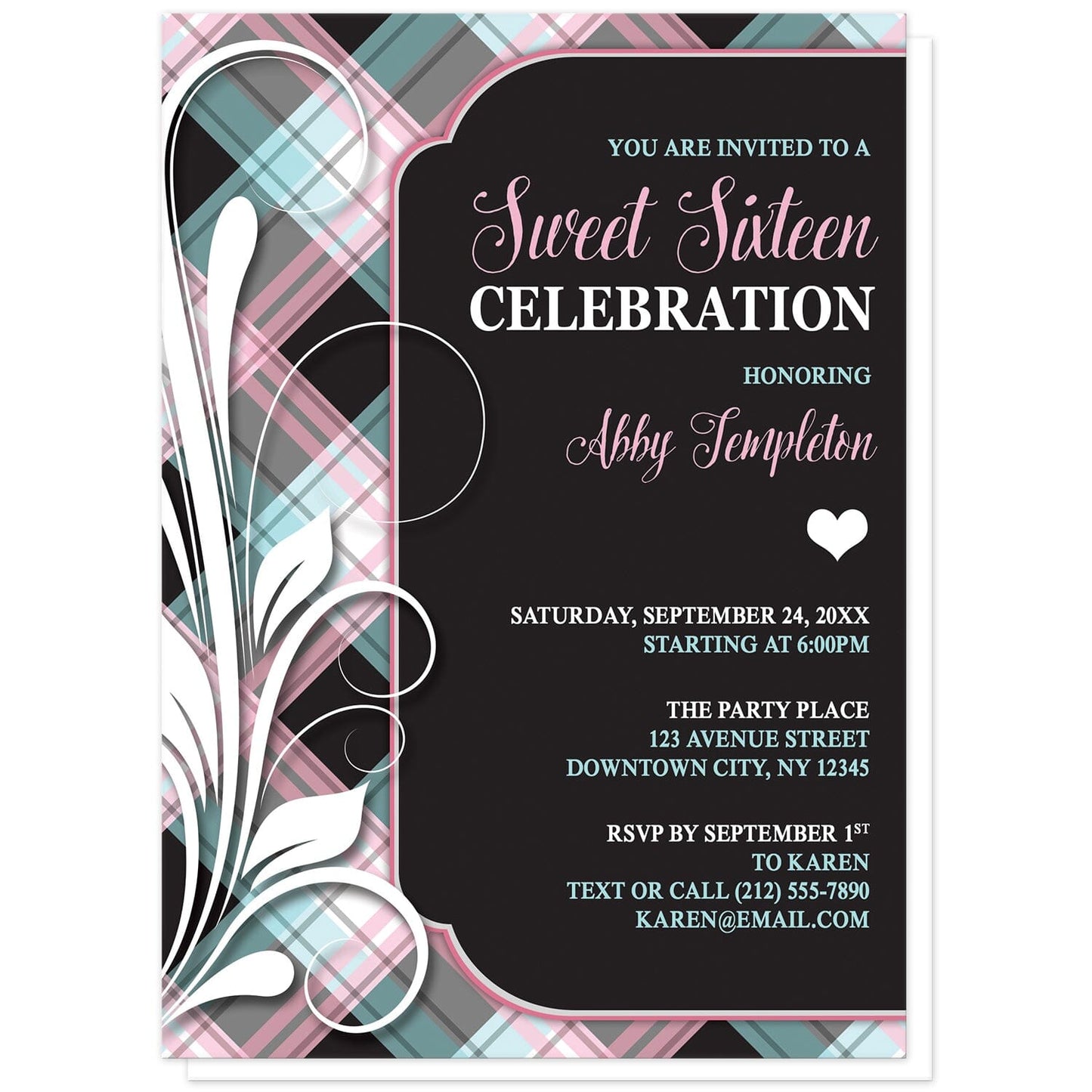 Pink Blue and Black Plaid Flourish Sweet 16 Invitations at Artistically Invited. Modern and alternative pink blue and black plaid flourish sweet 16 invitations with your personalized birthday party details arranged over a solid black frame design to the right sided with a large white flourish over a pink, blue, and black plaid pattern background along the left side.