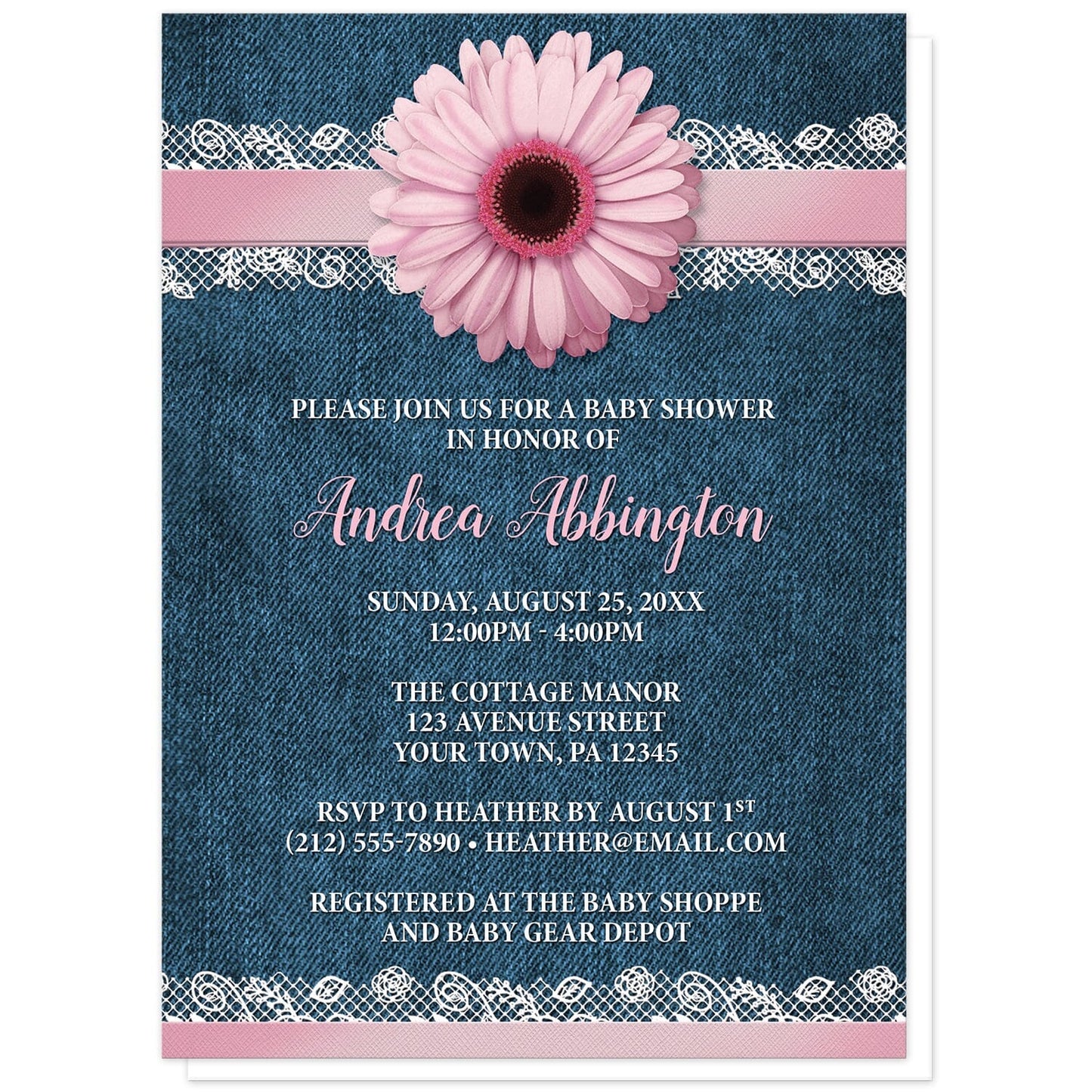 Pink Daisy Lace Rustic Denim Baby Shower Invitations at Artistically Invited. Southern-inspired pink daisy lace rustic denim baby shower invitations with a pink daisy flower image centered at the top on a pink and white lace ribbon illustration. Your personalized baby shower celebration details are arranged in pink and white over a country blue denim background.