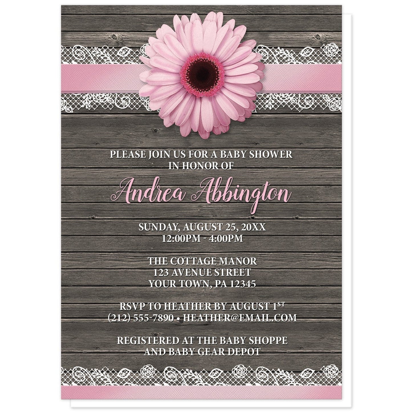 Pink Daisy Lace Rustic Wood Baby Shower Invitations at Artistically Invited. Southern-inspired pink daisy lace rustic wood baby shower invitations with a pink daisy flower image centered at the top on a pink and white lace ribbon illustration. Your personalized baby shower celebration details are arranged in pink and white over a country brown wood background.