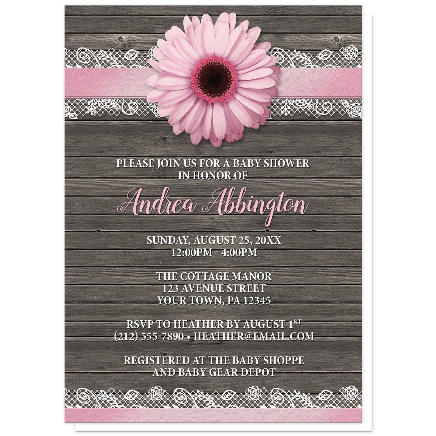 Pink Daisy Lace Rustic Wood Baby Shower Invitations at Artistically Invited. Southern-inspired pink daisy lace rustic wood baby shower invitations with a pink daisy flower image centered at the top on a pink and white lace ribbon illustration. Your personalized baby shower celebration details are arranged in pink and white over a country brown wood background.