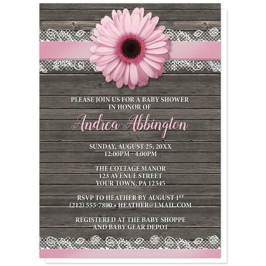Pink Daisy Lace Rustic Wood Baby Shower Invitations at Artistically Invited. Southern-inspired pink daisy lace rustic wood baby shower invitations with a pink daisy flower image centered at the top on a pink and white lace ribbon illustration. Your personalized baby shower celebration details are arranged in pink and white over a country brown wood background.