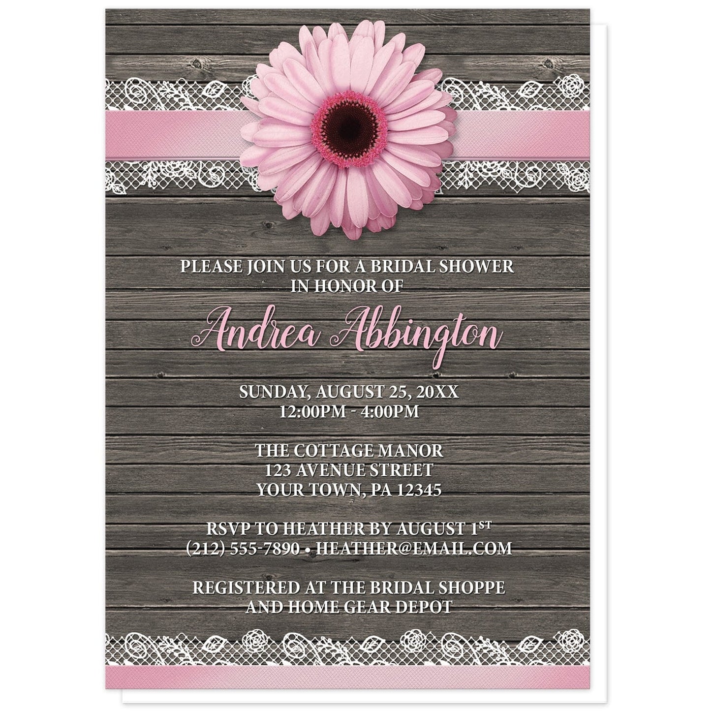Pink Daisy Lace Rustic Wood Bridal Shower Invitations at Artistically Invited. Southern-inspired pink daisy lace rustic wood bridal shower invitations with a pink daisy flower image centered at the top on a pink and white lace ribbon illustration. Your personalized bridal shower celebration details are arranged in pink and white over a country brown wood background.