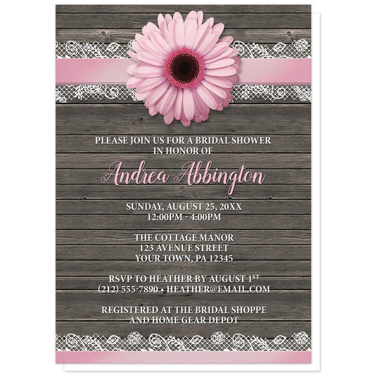 Pink Daisy Lace Rustic Wood Bridal Shower Invitations at Artistically Invited. Southern-inspired pink daisy lace rustic wood bridal shower invitations with a pink daisy flower image centered at the top on a pink and white lace ribbon illustration. Your personalized bridal shower celebration details are arranged in pink and white over a country brown wood background.