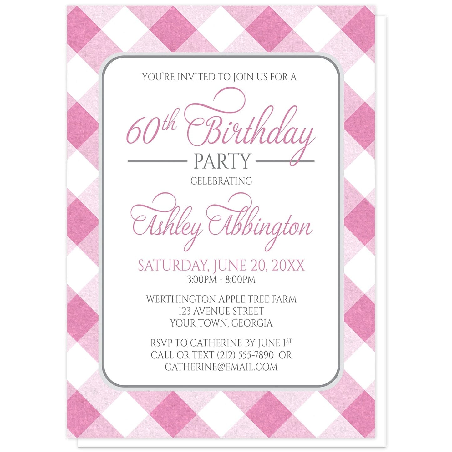 Pink Gingham Birthday Party Invitations at Artistically Invited. Pink gingham birthday party invitations with your personalized party details arranged in pink and gray inside a white rectangular area outlined in gray. The background design is a diagonal pink and white gingham pattern.
