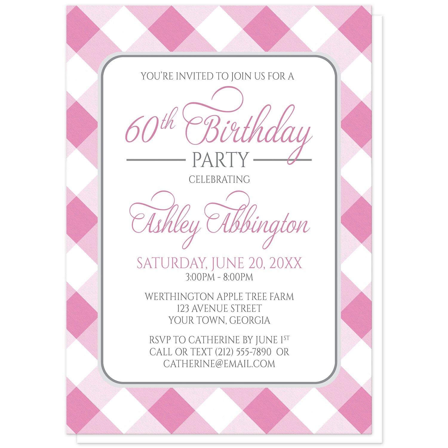 Pink Gingham Birthday Party Invitations at Artistically Invited. Pink gingham birthday party invitations with your personalized party details arranged in pink and gray inside a white rectangular area outlined in gray. The background design is a diagonal pink and white gingham pattern.