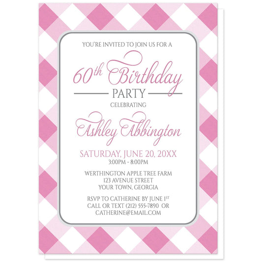 Pink Gingham Birthday Party Invitations at Artistically Invited. Pink gingham birthday party invitations with your personalized party details arranged in pink and gray inside a white rectangular area outlined in gray. The background design is a diagonal pink and white gingham pattern.