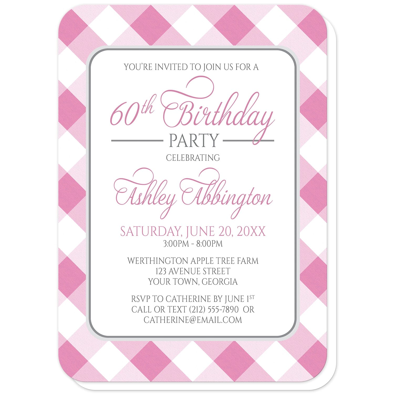 Pink Gingham Birthday Party Invitations (with rounded corners) at Artistically Invited. Pink gingham birthday party invitations with your personalized party details custom printed in pink and gray inside a white rectangular area outlined in gray. The background design is a diagonal pink and white gingham pattern. 