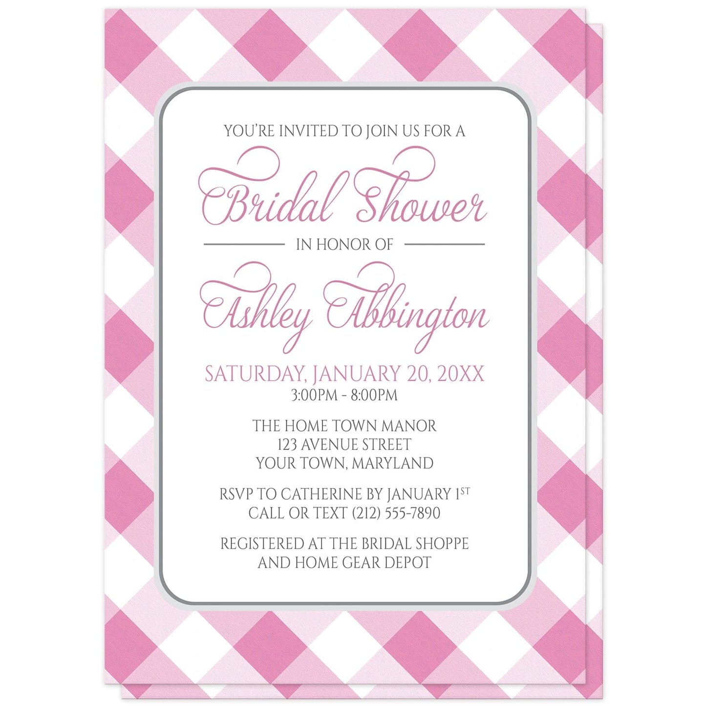 Pink Gingham Bridal Shower Invitations at Artistically Invited. Pink gingham bridal shower invitations with your personalized bridal shower celebration details arranged in pink and gray inside a white rectangular area outlined in gray. The background design is a diagonal pink and white gingham pattern.