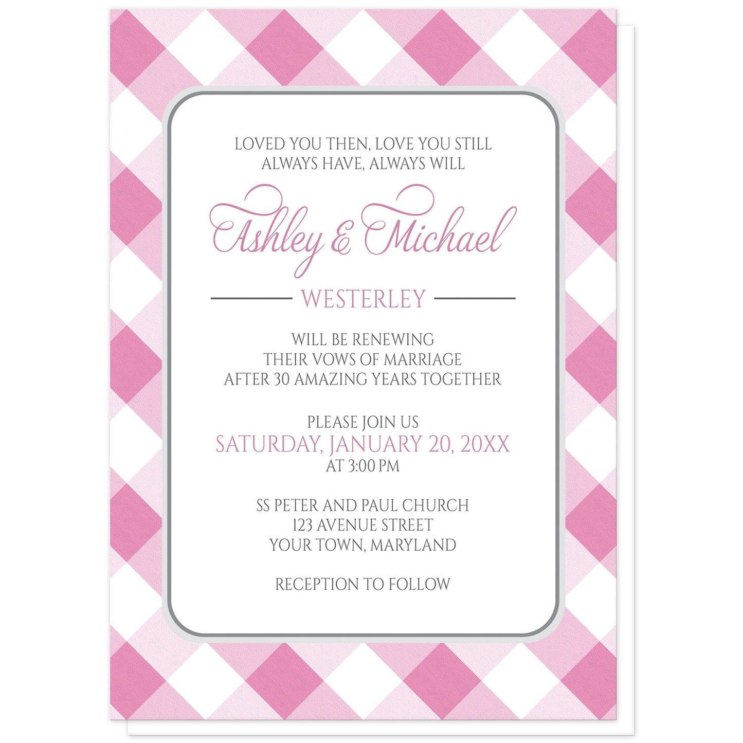 Pink Gingham Vow Renewal Invitations at Artistically Invited. Pink gingham vow renewal invitations with your personalized ceremony details arranged in pink and gray inside a white rectangular area outlined in gray. The background design is a diagonal pink and white gingham pattern.