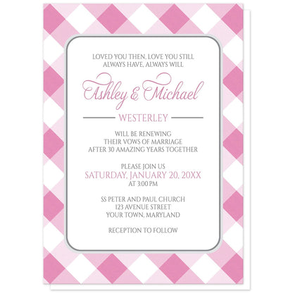 Pink Gingham Vow Renewal Invitations at Artistically Invited. Pink gingham vow renewal invitations with your personalized ceremony details custom printed in pink and gray inside a white rectangular area outlined in gray. The background design is a diagonal pink and white gingham pattern. 