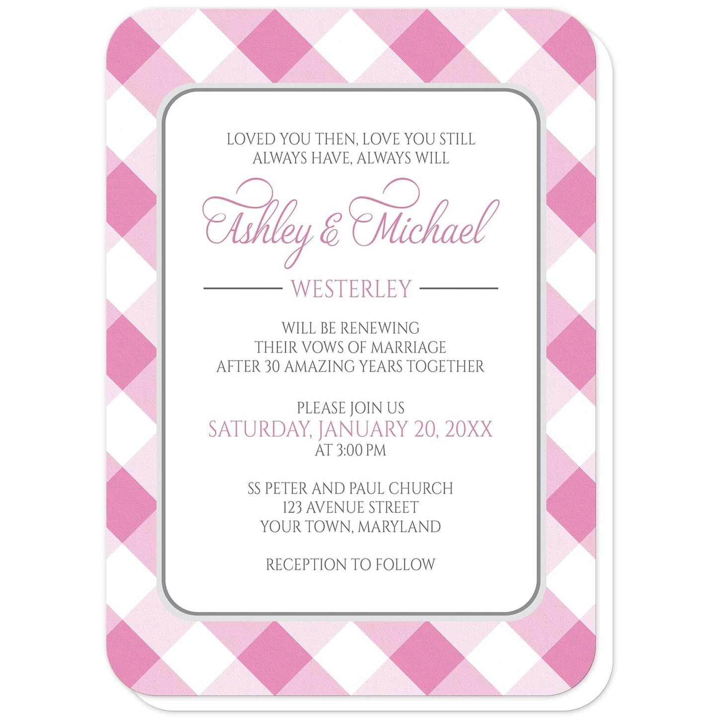 Pink Gingham Vow Renewal Invitations (with rounded corners) at Artistically Invited. Pink gingham vow renewal invitations with your personalized ceremony details custom printed in pink and gray inside a white rectangular area outlined in gray. The background design is a diagonal pink and white gingham pattern.