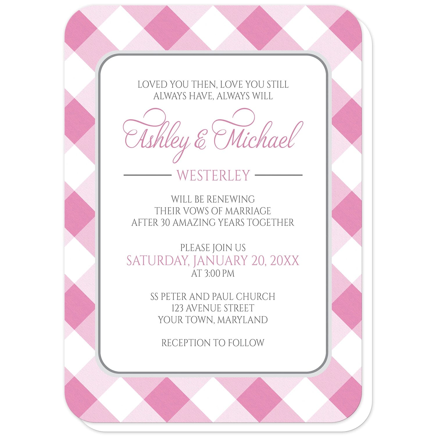 Pink Gingham Vow Renewal Invitations (with rounded corners) at Artistically Invited. Pink gingham vow renewal invitations with your personalized ceremony details custom printed in pink and gray inside a white rectangular area outlined in gray. The background design is a diagonal pink and white gingham pattern. 