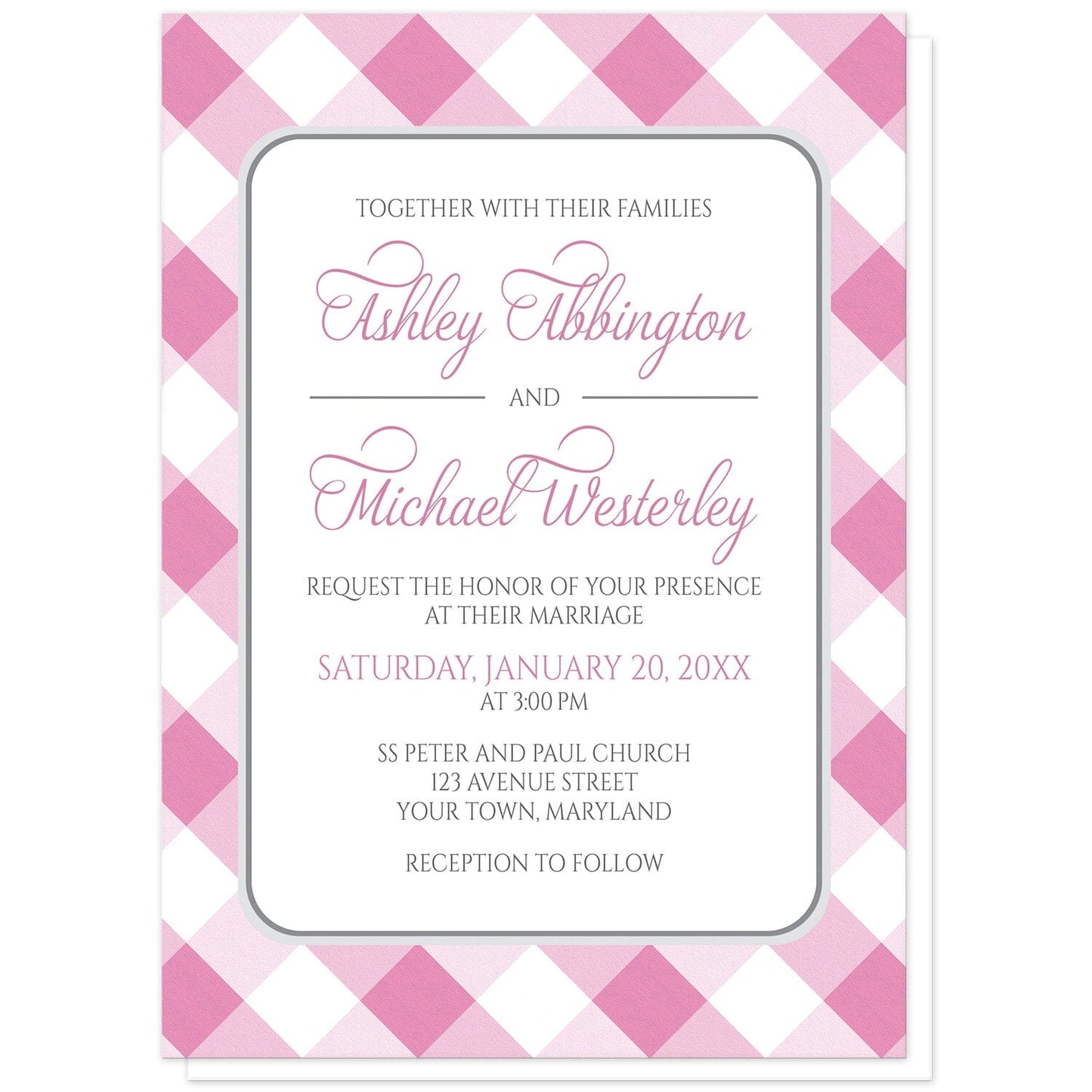 Pink Gingham Wedding Invitations at Artistically Invited. Pink gingham wedding invitations with your personalized wedding ceremony details arranged in pink and gray inside a white rectangular area outlined in gray. The background design is a diagonal pink and white gingham check pattern.