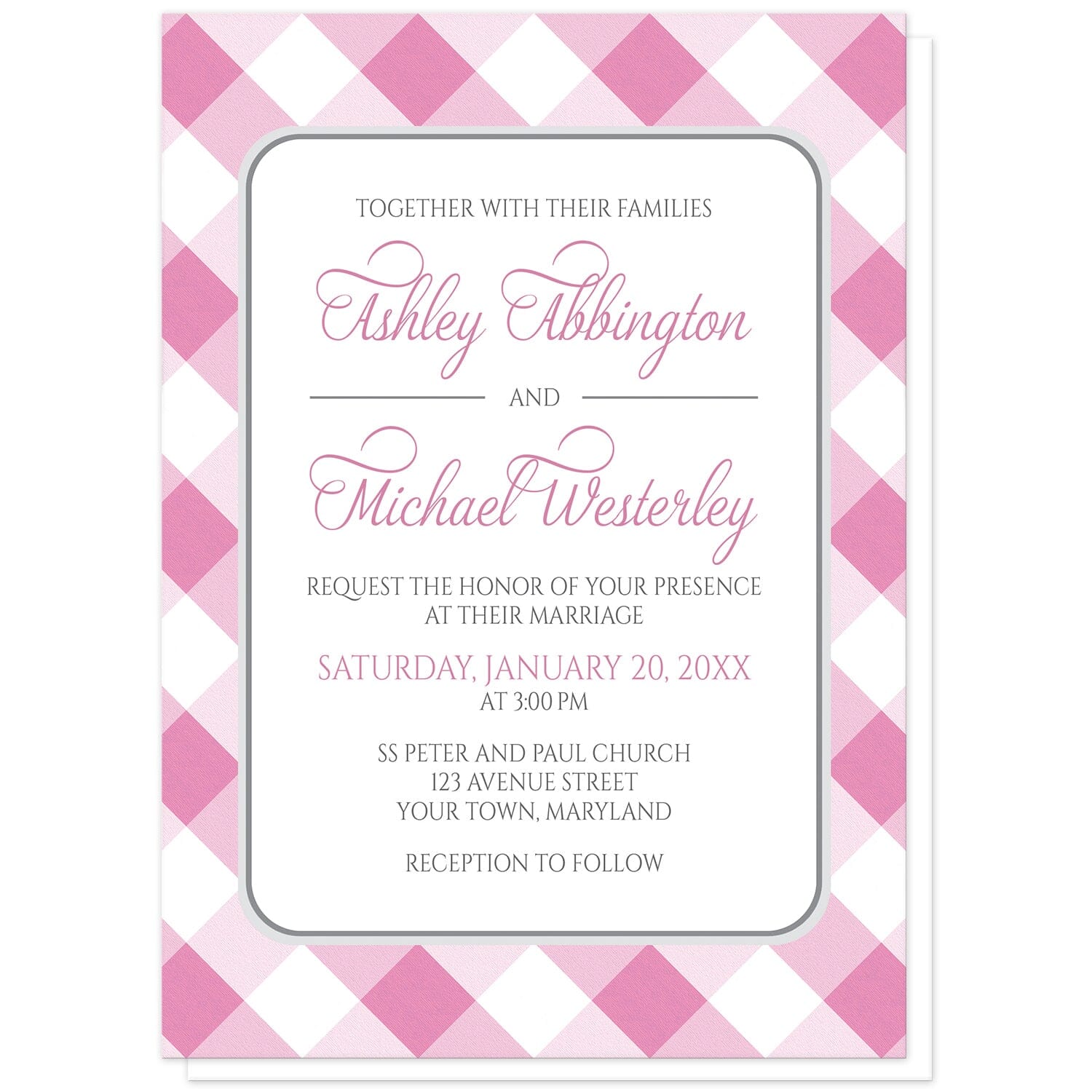 Pink Gingham Wedding Invitations at Artistically Invited. Pink gingham wedding invitations with your personalized wedding ceremony details arranged in pink and gray inside a white rectangular area outlined in gray. The background design is a diagonal pink and white gingham check pattern.
