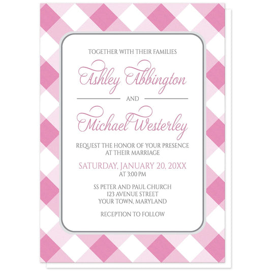 Pink Gingham Wedding Invitations at Artistically Invited. Pink gingham wedding invitations with your personalized wedding ceremony details arranged in pink and gray inside a white rectangular area outlined in gray. The background design is a diagonal pink and white gingham check pattern.