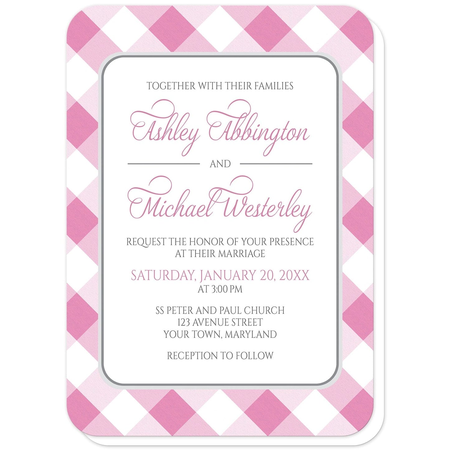 Pink Gingham Wedding Invitations (with rounded corners) at Artistically Invited. Pink gingham wedding invitations with your personalized wedding ceremony details custom printed in pink and gray inside a white rectangular area outlined in gray. The background design is a diagonal pink and white gingham check pattern.