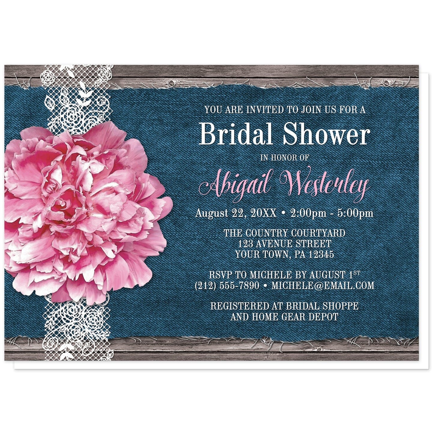 Pink Peony Denim and Lace Rustic Bridal Shower Invitations at Artistically Invited. Southern-inspired pink peony denim and lace rustic bridal shower invitations with a pretty pink peony flower on a white lace ribbon design on the left side over a fraying navy blue denim illustration on a rustic wood background. Your personalized bridal shower celebration details are arranged in white and pink over the blue denim design.