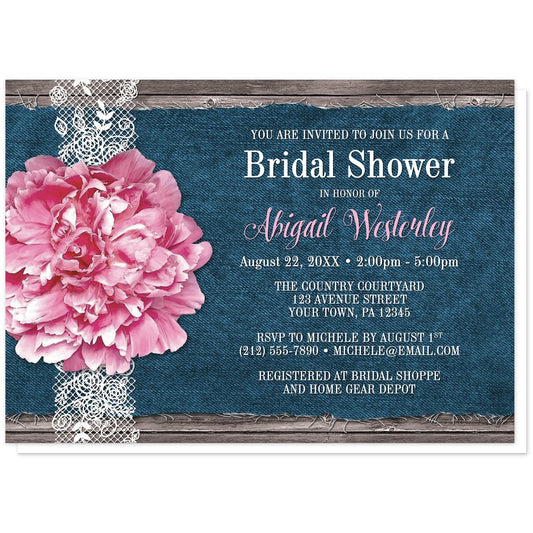 Pink Peony Denim and Lace Rustic Bridal Shower Invitations at Artistically Invited. Southern-inspired pink peony denim and lace rustic bridal shower invitations with a pretty pink peony flower on a white lace ribbon design on the left side over a fraying navy blue denim illustration on a rustic wood background. Your personalized bridal shower celebration details are arranged in white and pink over the blue denim design.