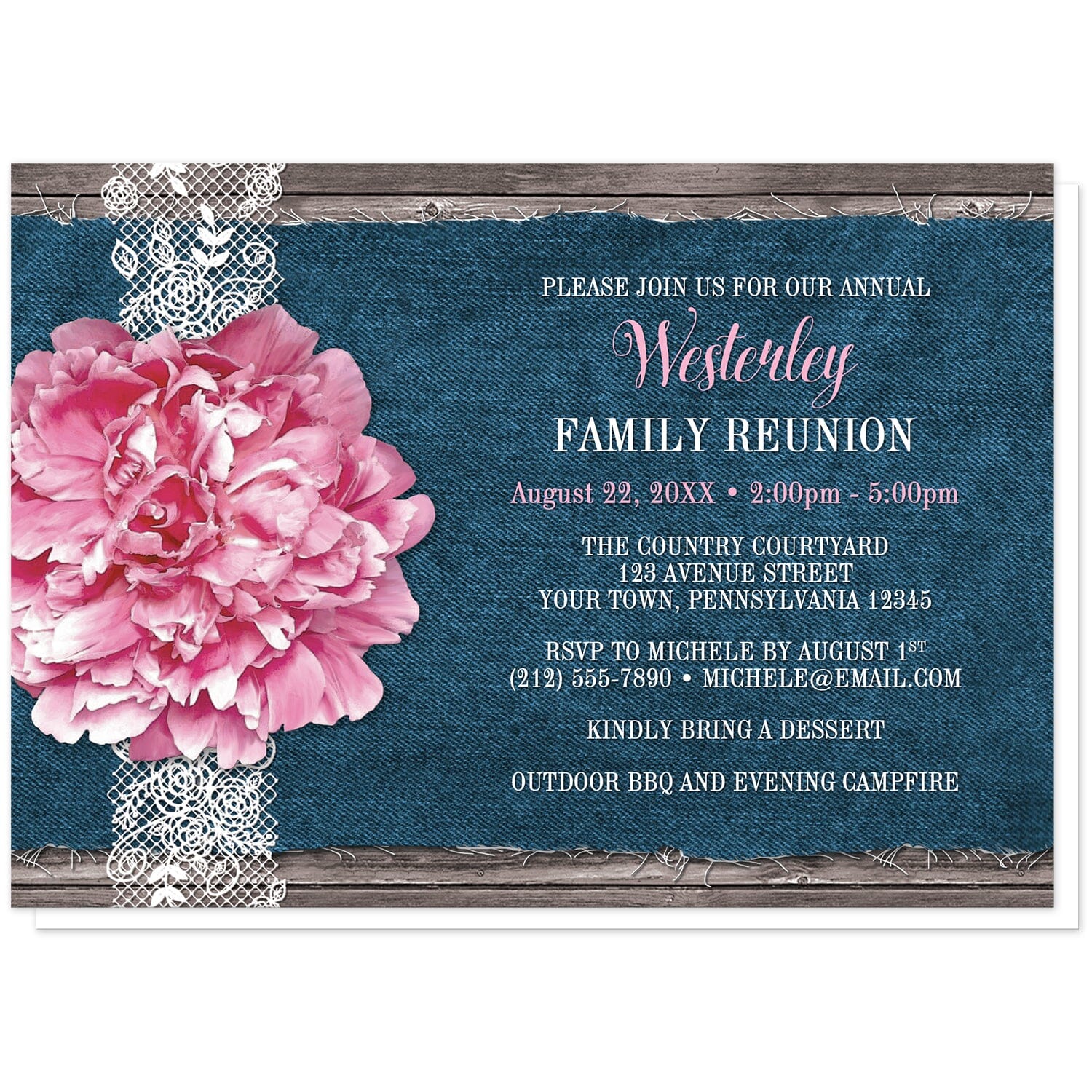Pink Peony Denim and Lace Rustic Family Reunion Invitations at Artistically Invited. Southern-inspired pink peony denim and lace rustic family reunion invitations with a pretty pink peony flower on a white lace ribbon design on the left side over a fraying navy blue denim illustration on a rustic wood background. Your personalized reunion celebration details are custom printed in white and pink over the blue denim design.