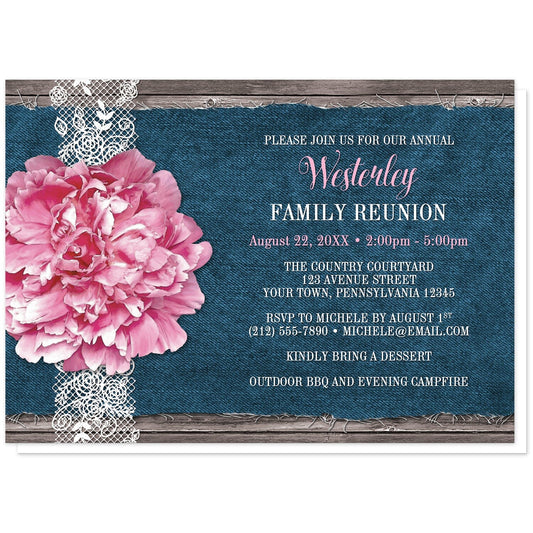 Pink Peony Denim and Lace Rustic Family Reunion Invitations at Artistically Invited. Southern-inspired pink peony denim and lace rustic family reunion invitations with a pretty pink peony flower on a white lace ribbon design on the left side over a fraying navy blue denim illustration on a rustic wood background. Your personalized reunion celebration details are custom printed in white and pink over the blue denim design.