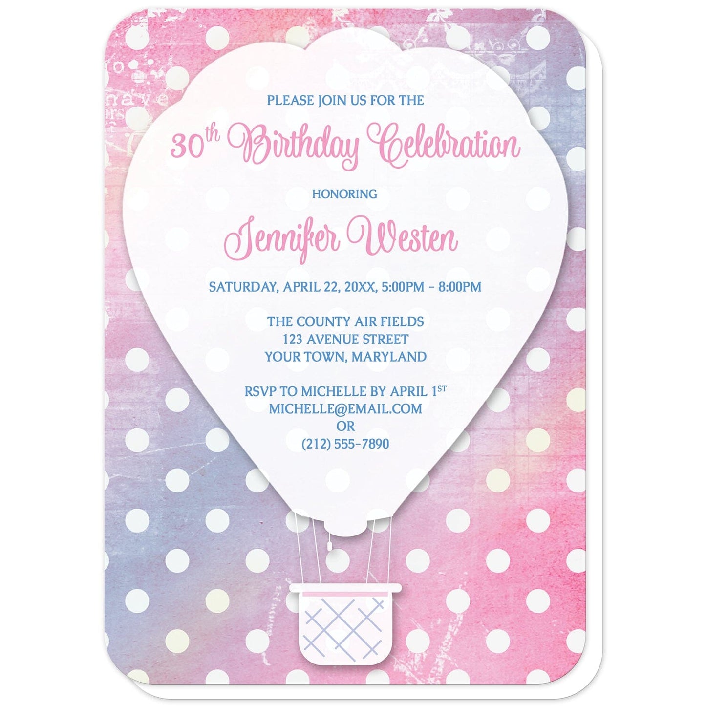 Pink Polka Dot Hot Air Balloon Birthday Invitations (with rounded corners) at Artistically Invited. Whimsical pink polka dot hot air balloon birthday invitations with a white silhouette hot air balloon over a pink, blue, and yellow rustic background covered in a white polka dot pattern. Your personalized birthday details are custom printed in pink and blue over the white hot air balloon.