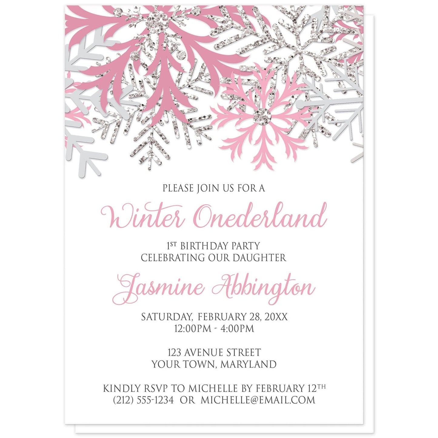 Pink Silver Snowflake 1st Birthday Winter Onederland Invitations at Artistically Invited. Pretty pink silver snowflake 1st birthday Winter Onederland invitations designed with pink, light pink, silver-colored glitter-illustrated, and light gray snowflakes along the top of the invitations. Your personalized 1st birthday party details are arranged in pink and gray on white below the snowflakes.