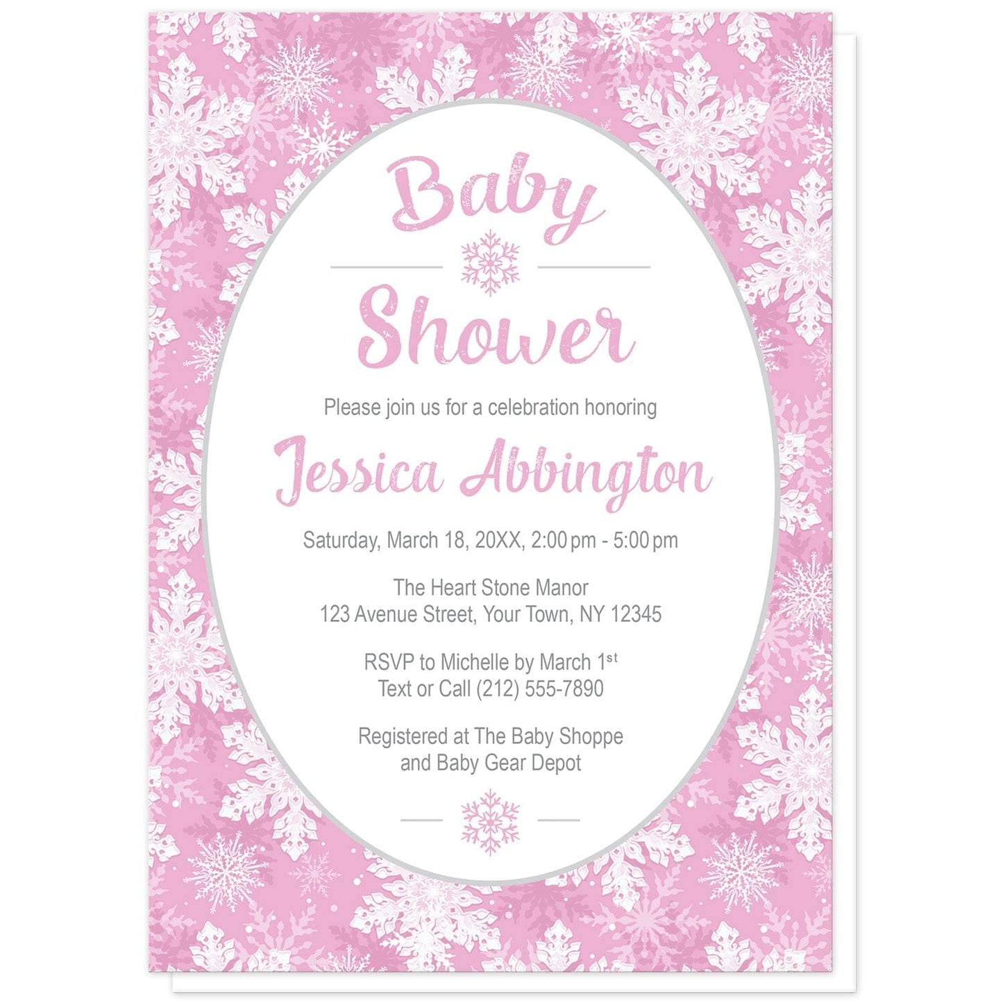 Pink Snowflake Baby Shower Invitations at Artistically Invited. Beautifully ornate pink snowflake baby shower invitations with your personalized baby shower details arranged in pink and gray in a white oval frame design over a pink and white snowflake pattern background.
