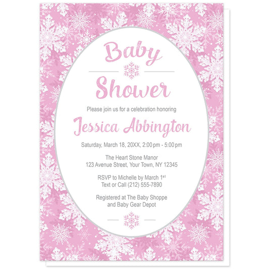 Pink Snowflake Baby Shower Invitations at Artistically Invited. Beautifully ornate pink snowflake baby shower invitations with your personalized baby shower details arranged in pink and gray in a white oval frame design over a pink and white snowflake pattern background.