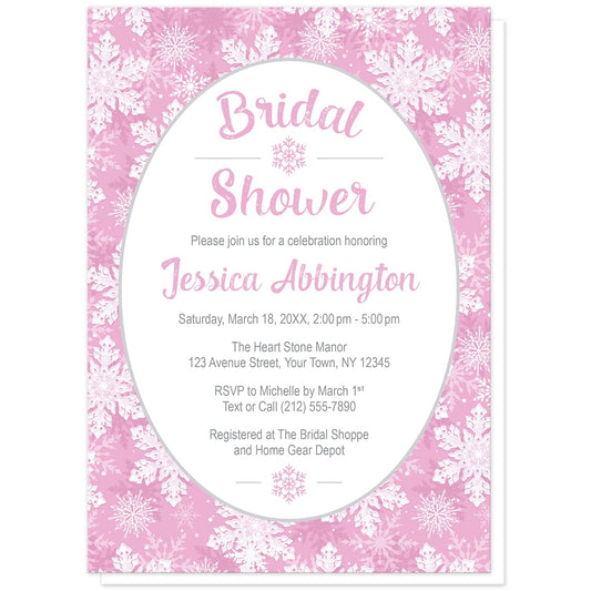 Pink Snowflake Bridal Shower Invitations at Artistically Invited. Beautifully ornate pink snowflake bridal shower invitations designed with your personalized celebration details custom printed in pink and gray in a white oval frame design over a beautiful and ornate pink and white snowflake pattern background.