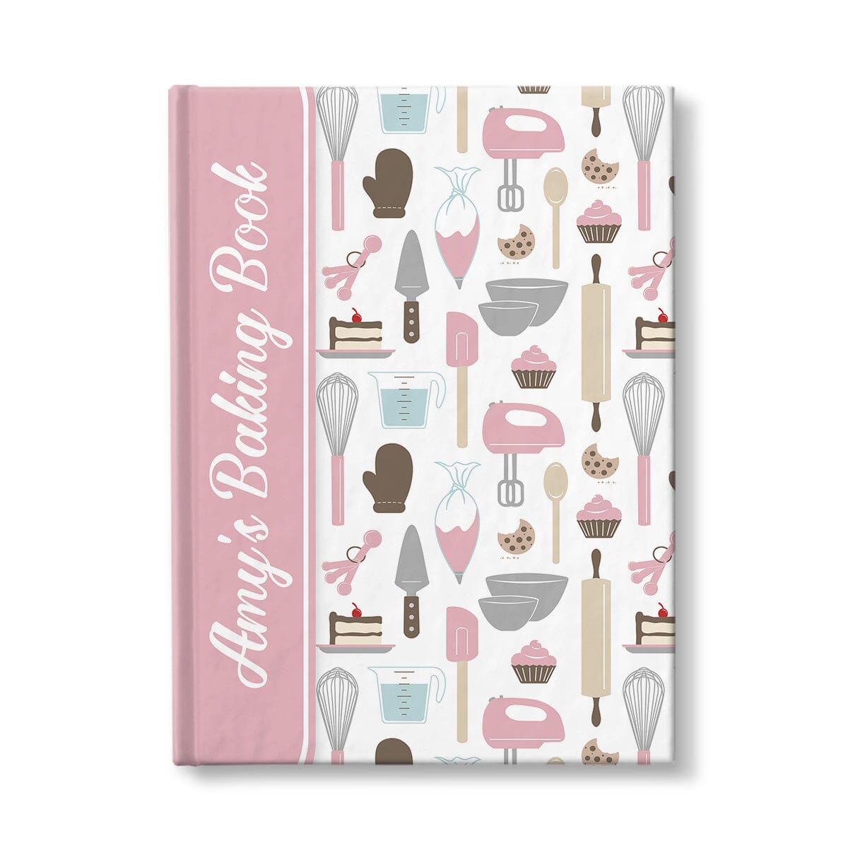 Personalized Pink Baking Pattern Journal at Artistically Invited. A journal or sketchbook with a pink binding illustration wrapping around the spine, over a pink baking pattern for the background. Your name or text of your choice is custom printed in a cute white script font on the front, sideways over the pink design near the spine.