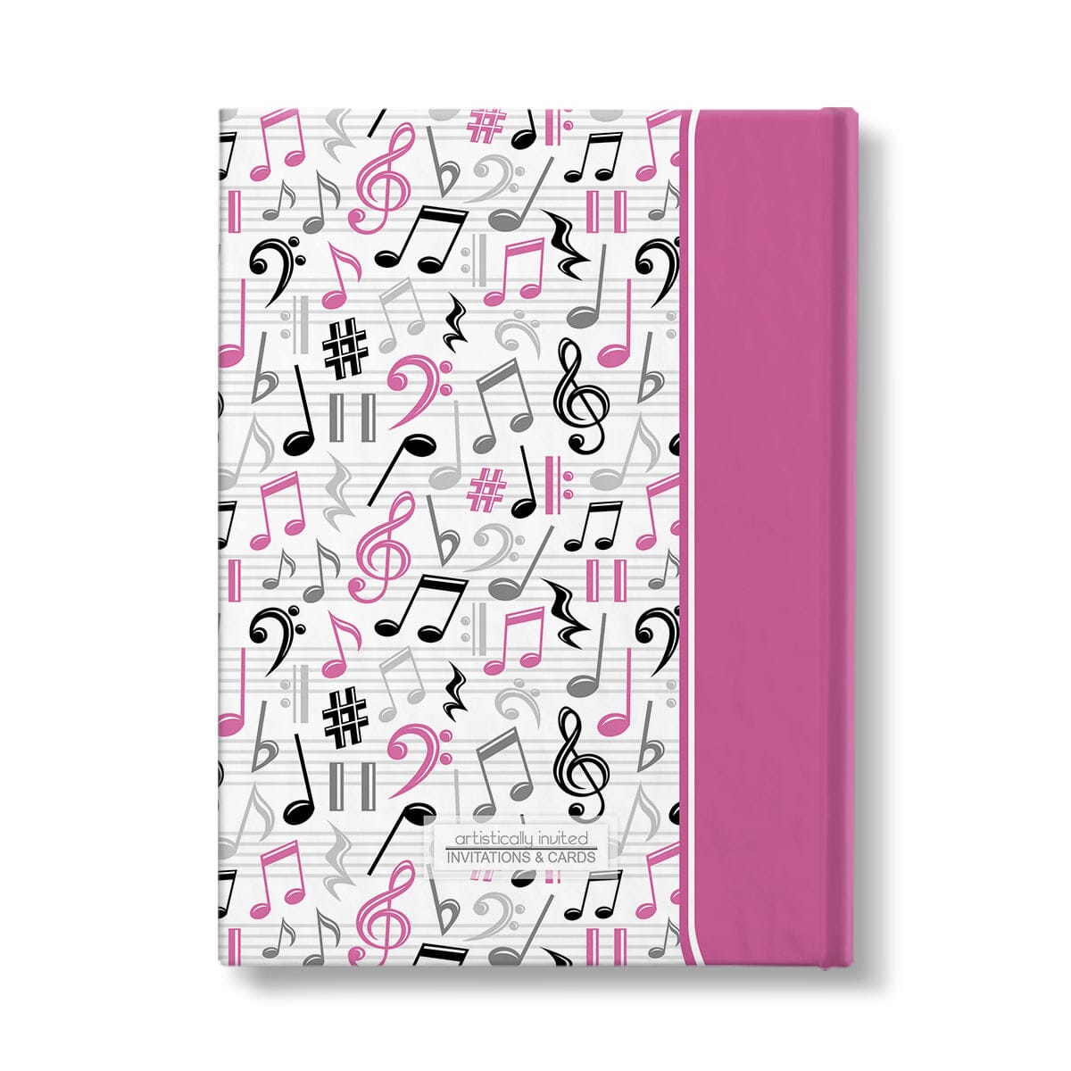 Personalized Pink Music Notes Pattern Journal at Artistically Invited. Back side of the book.
