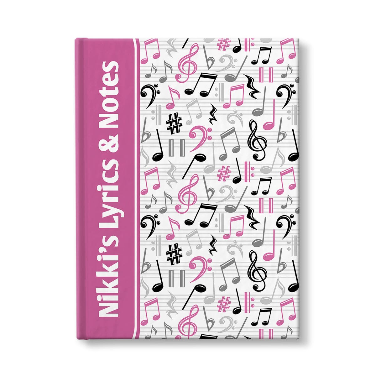 Personalized Pink Music Notes Pattern Journal at Artistically Invited. A custom book designed with a pink color wrapping around the spine area over an energetic pattern of pink, black, and gray music notes and symbols on the rest of the background. Your personalized name and text of your choice is custom printed sideways in white over the pink color on the front near the spine.