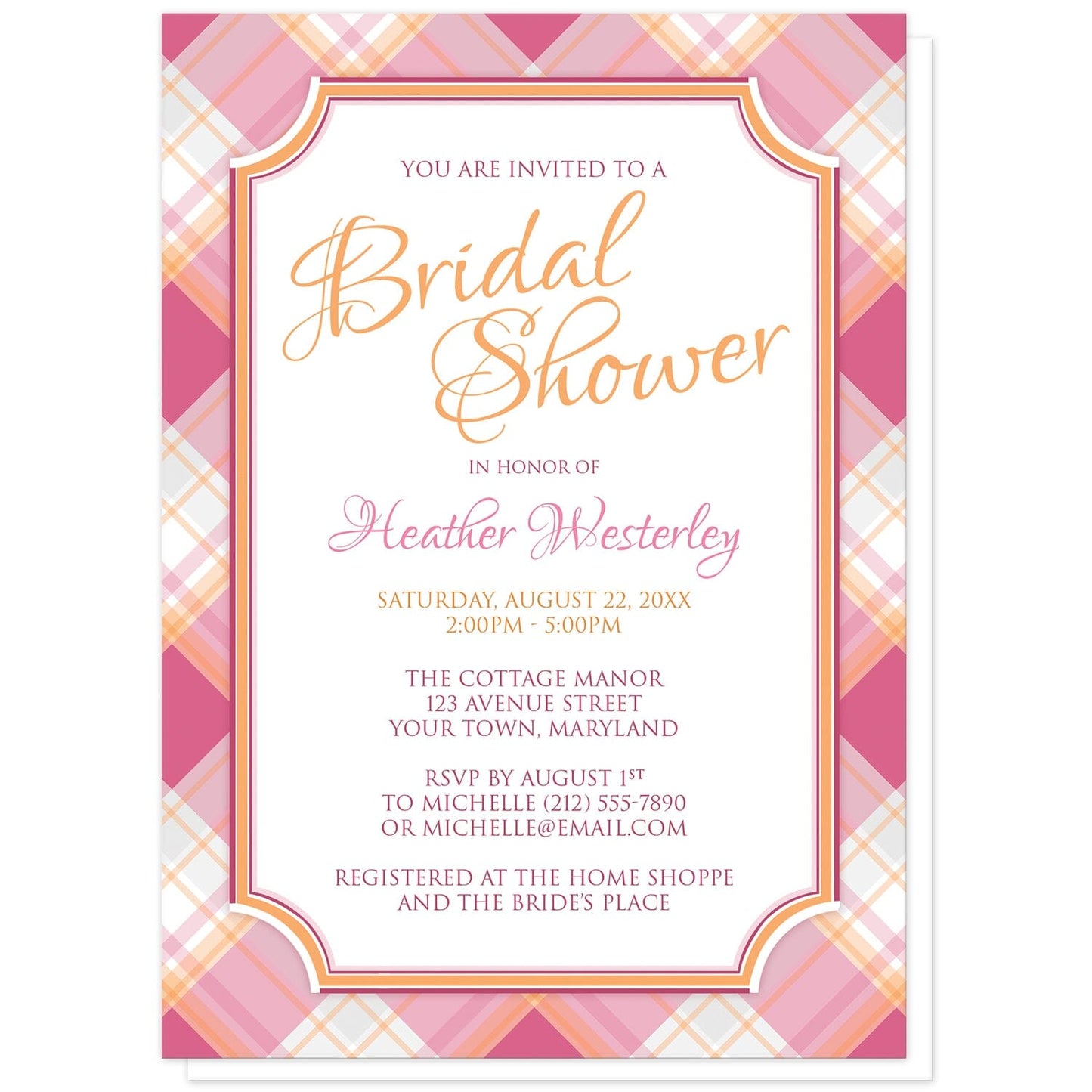 Pink and Orange Plaid Bridal Shower Invitations at Artistically Invited. Stylish summer-inspired pink and orange plaid bridal shower invitations with your personalized bridal shower celebration details arranged in pink and orange in a white frame area, over a diagonal pink and orange plaid pattern.