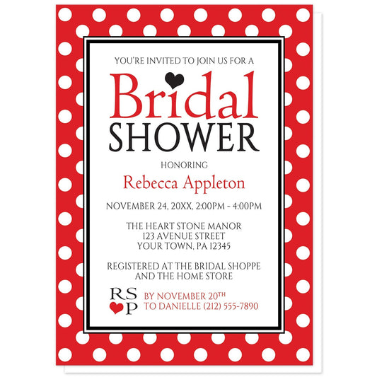 Polka Dot Red Black and White Bridal Shower Invitations at Artistically Invited. Stylish polka dot red black and white bridal shower invitations with your personalized bridal shower celebration details custom printed in red and black inside a white rectangle outlined in black and white. The background design of these invitations is a white polka dots pattern over a bold red color. 