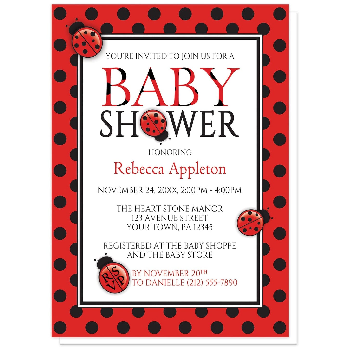Polka Dot Red and Black Ladybug Baby Shower Invitations at Artistically Invited. Polka dot red and black ladybug baby shower invitations that are illustrated with cute ladybugs and a red and black polka dot pattern. The information you provide for your baby shower will be arranged in red and black over white in the center.