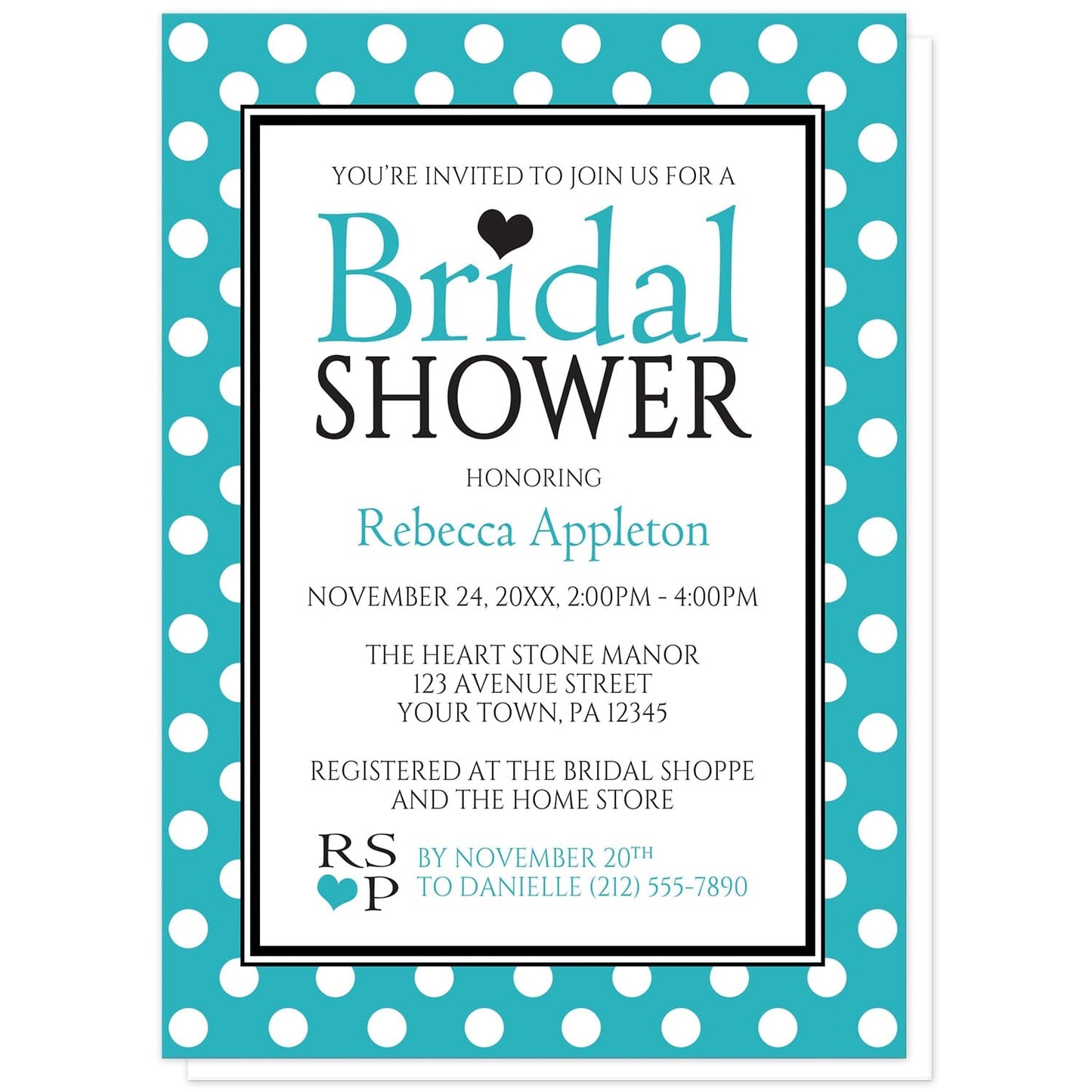 Polka Dot Turquoise Black and White Bridal Shower Invitations at Artistically Invited. Stylish polka dot turquoise black and white bridal shower invitations with your personalized bridal shower celebration details arranged in turquoise and black inside a white rectangle outlined in black and white. The background design of these invitations is a white polka dots pattern over a bold turquoise color.