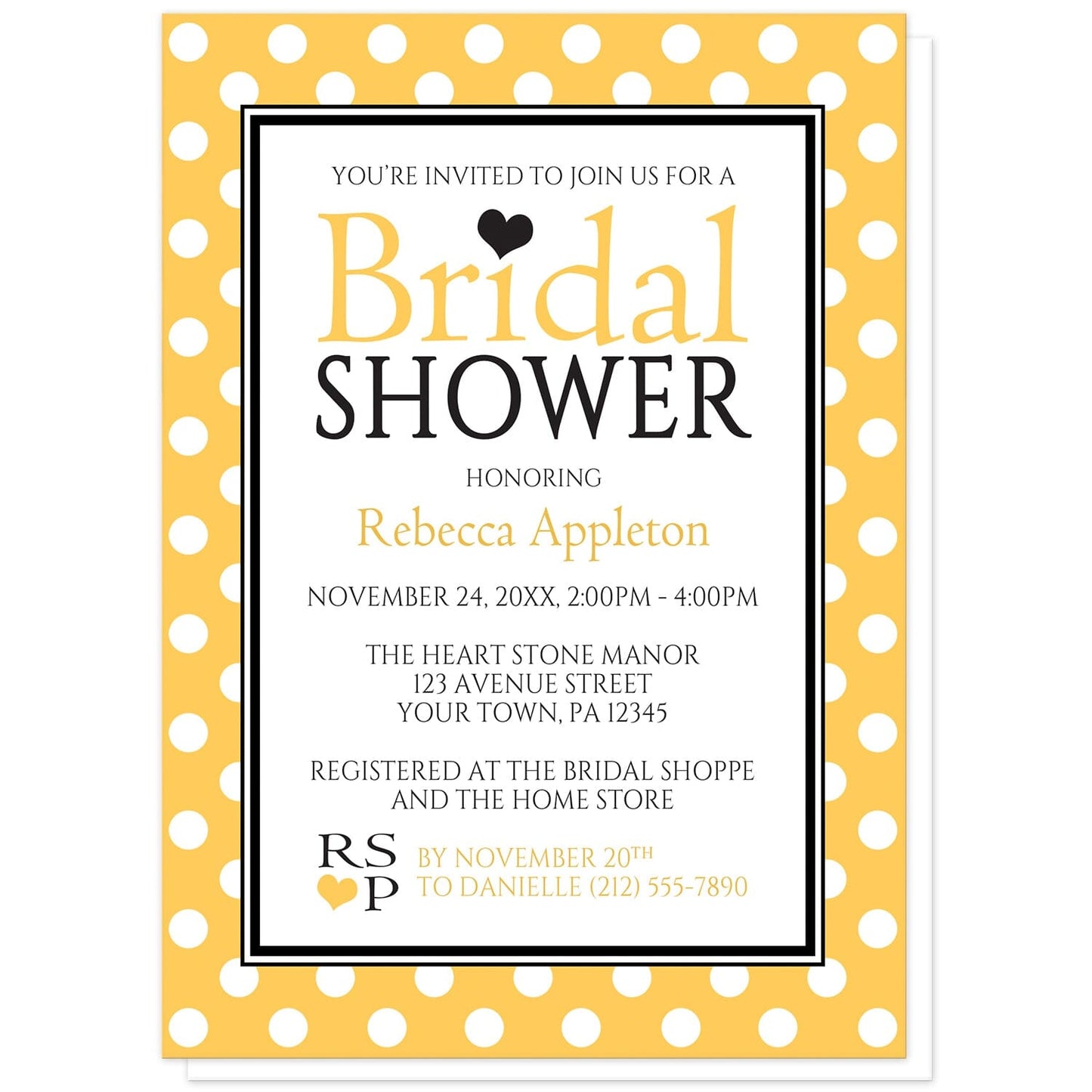 Polka Dot Yellow Black and White Bridal Shower Invitations at Artistically Invited. Stylish polka dot yellow black and white bridal shower invitations with your personalized bridal shower celebration details arranged in yellow and black inside a white rectangle outlined in black and white. The background design of these invitations is a white polka dots pattern over a bold yellow color.