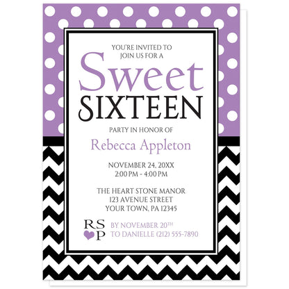 Polka Dot and Chevron Sweet 16 Invitations in Purple at Artistically Invited. Stylish patterned polka dot and chevron sweet 16 Invitations with white polka dots over purple on the top half and a black and white chevron zigzag pattern on the bottom half.  Your personalized sweet sixteen birthday party details are custom printed in purple and black in the center.
