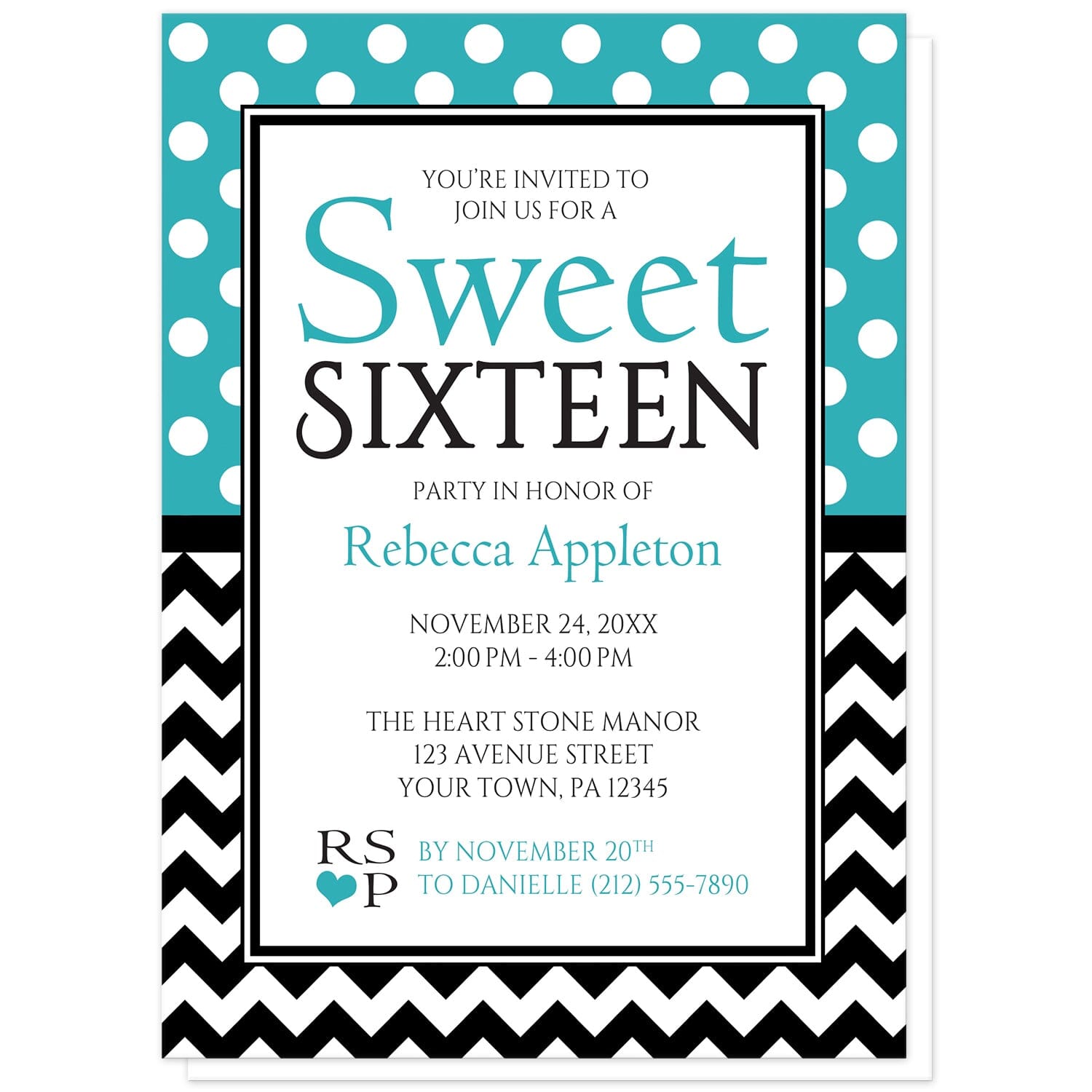 Polka Dot and Chevron Sweet 16 Invitations in Turquoise at Artistically Invited. Stylish patterned polka dot and chevron sweet 16 Invitations with white polka dots over turquoise on the top half and a black and white chevron zigzag pattern on the bottom half.  Your personalized sweet sixteen birthday party details are arranged in turquoise and black in the center. As a special accent, the "V" in RSVP is a turquoise heart.