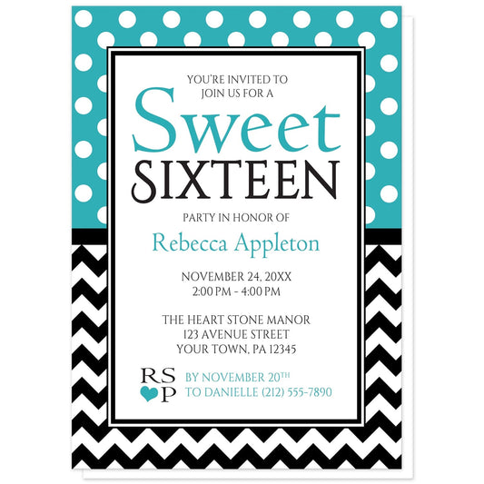 Polka Dot and Chevron Sweet 16 Invitations in Turquoise at Artistically Invited. Stylish patterned polka dot and chevron sweet 16 Invitations with white polka dots over turquoise on the top half and a black and white chevron zigzag pattern on the bottom half.  Your personalized sweet sixteen birthday party details are arranged in turquoise and black in the center. As a special accent, the "V" in RSVP is a turquoise heart.