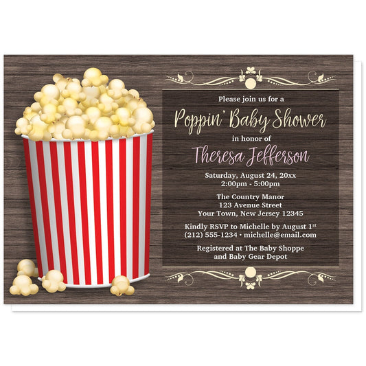 Popcorn Bucket Rustic Wood Baby Shower Invitations at Artistically Invited. Unique popcorn bucket rustic wood baby shower invitations with an illustration of a filled red-striped popcorn bucket over a brown wood pattern background. The occasion title reads "Poppin' Baby Shower", but this can be changed if desired. The information you provide for your baby shower will be arranged in pink, yellow, and white over a darker screen-like area of the rustic wood background on the right.