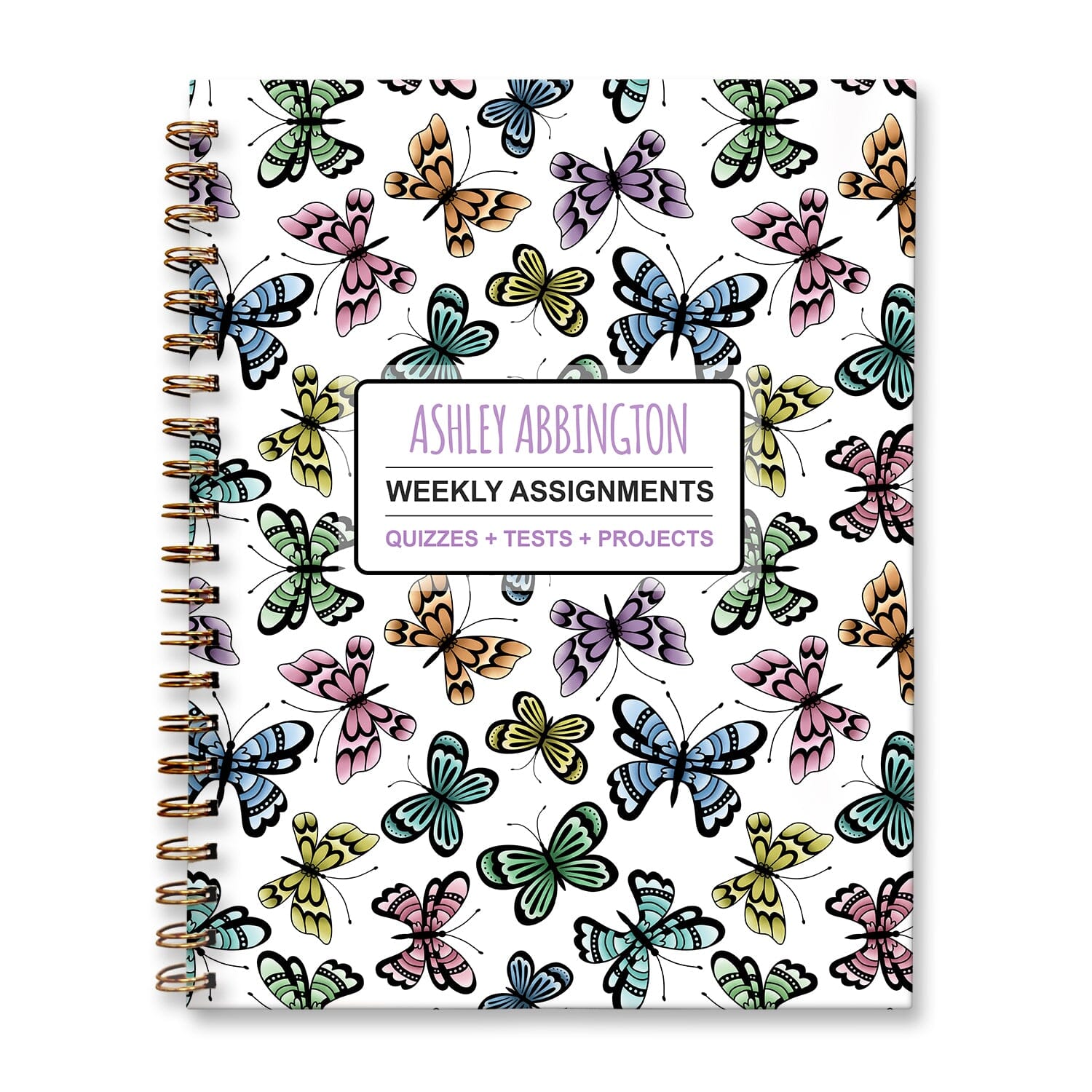 Personalized Pretty Butterfly Weekly Assignments Book for students to track their homework, quizzes and tests, and projects every week for school.