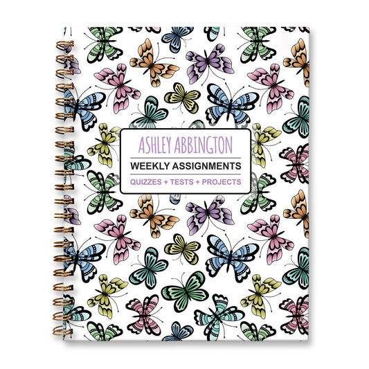 Personalized Pretty Butterfly Weekly Assignments Book for students to track their homework, quizzes and tests, and projects every week for school.