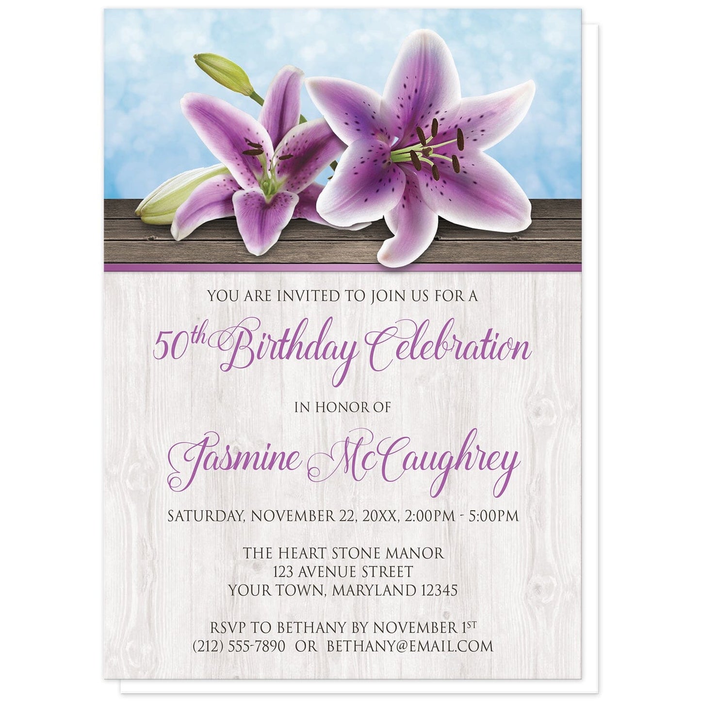 Pretty Floral Wood Purple Lily Birthday Invitations at Artistically Invited. Purple lily birthday invitations designed with two purple lilies on a wood surface, over a blue background design. Your personalized birthday party details are arranged in purple and dark brown over a light wood pattern. This lightly rustic floral design is perfect for spring and summer celebrations.