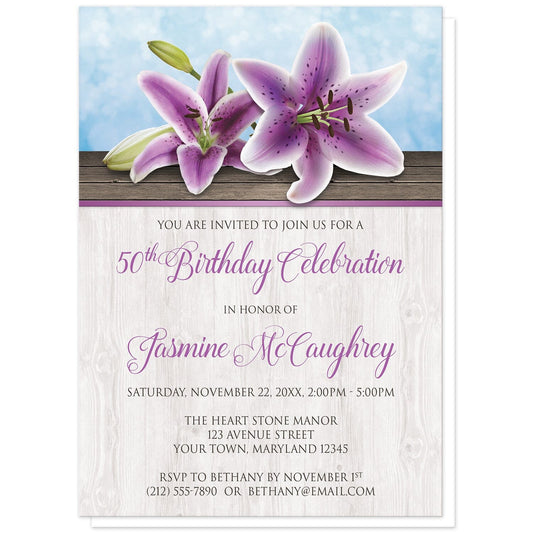 Pretty Floral Wood Purple Lily Birthday Invitations at Artistically Invited. Purple lily birthday invitations designed with two purple lilies on a wood surface, over a blue background design. Your personalized birthday party details are arranged in purple and dark brown over a light wood pattern. This lightly rustic floral design is perfect for spring and summer celebrations.
