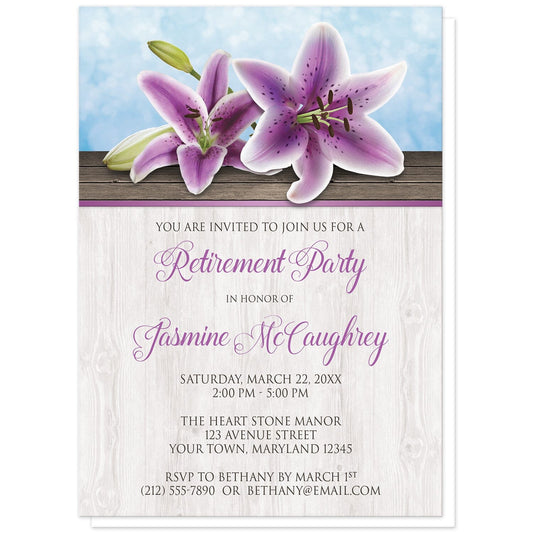 Pretty Floral Wood Purple Lily Retirement Invitations at Artistically Invited. Southern country-inspired pretty floral wood purple lily retirement invitations with two purple lilies on a light wood surface over a blue background design. Your personalized retirement party details are arranged in purple and dark brown over the light wood pattern.